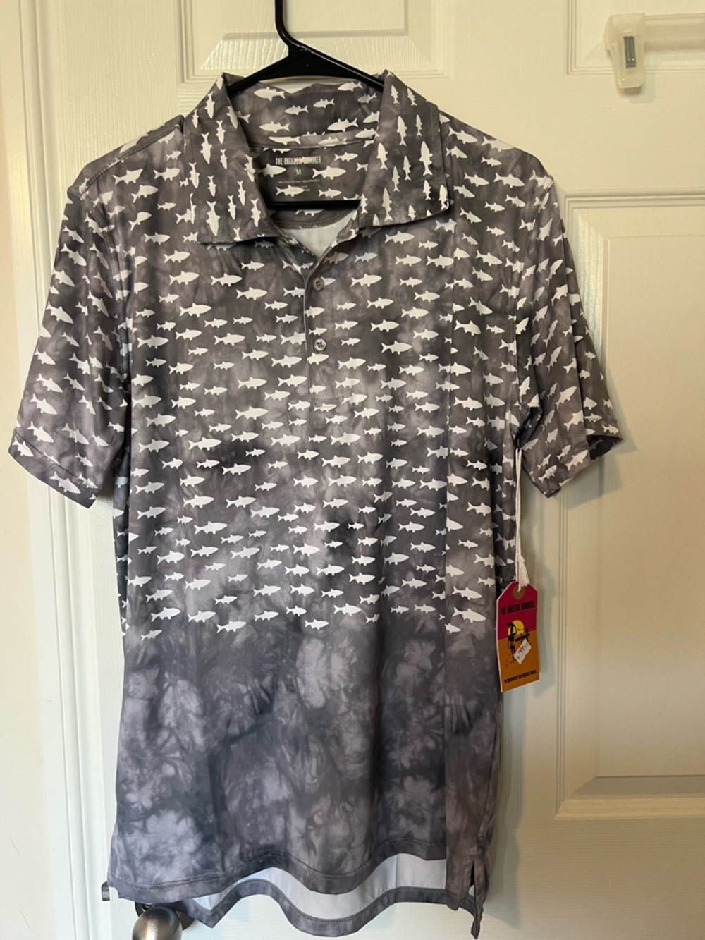 Men's Short Sleeve Polo Shirt in Gray with Fish Print